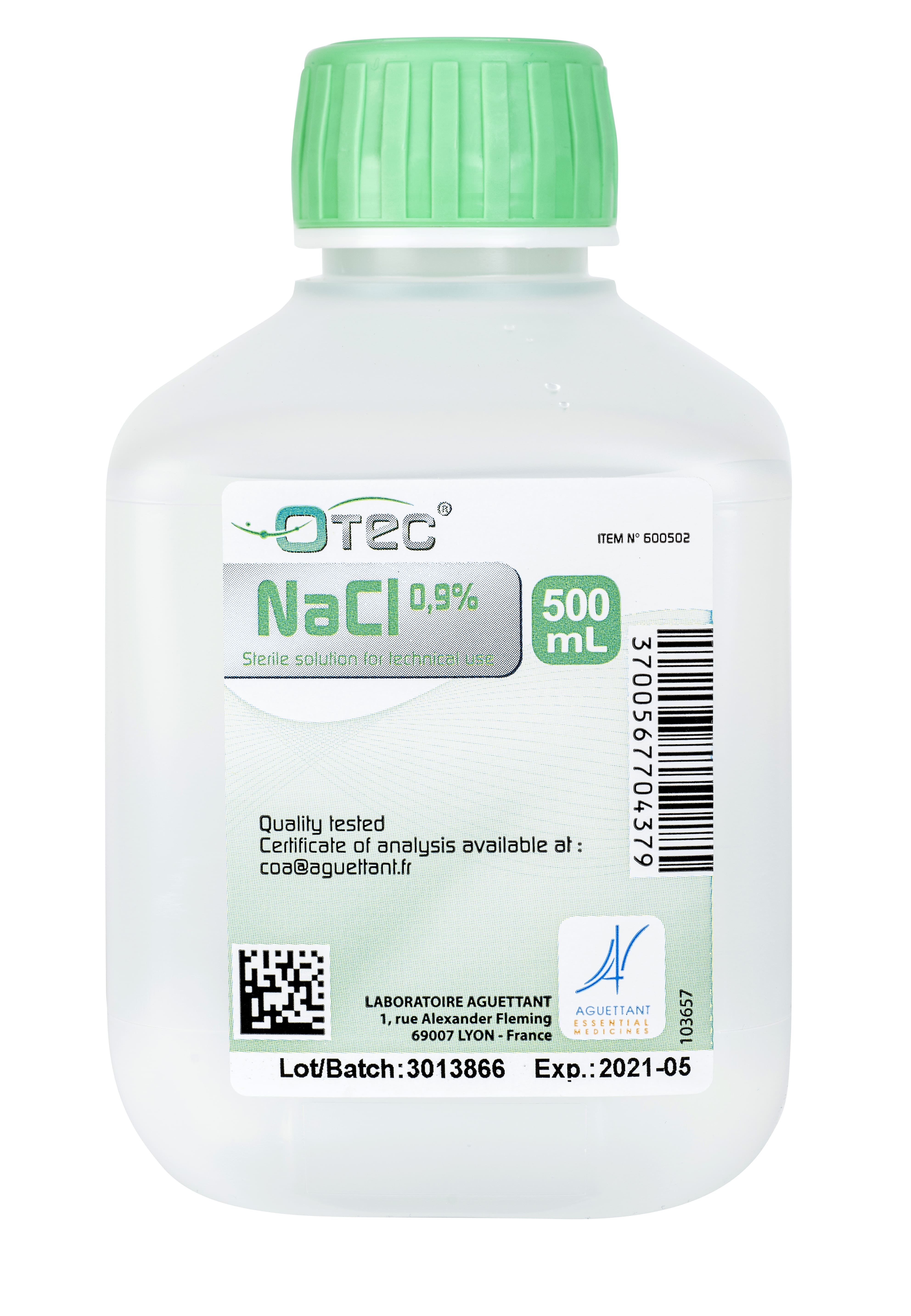 Chlorure de sodium Nacl 0,9% stérile apyrogène OTEC 500 mL (carton de 20 flacons)